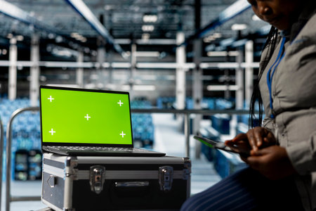 Mockup laptop next to female engineer in server hub troubleshooting hardware and software issues....