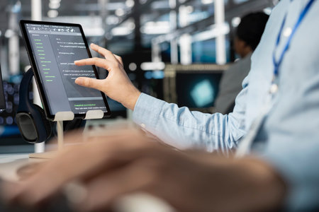 Close up of software developer using tablet in data center, managing server virtualization, running...