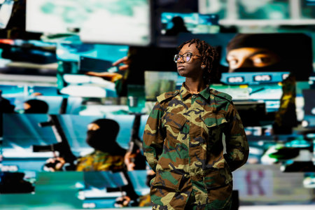 Army officer wearing camo uniform in front of collage of digital surveillance screens backdrop....