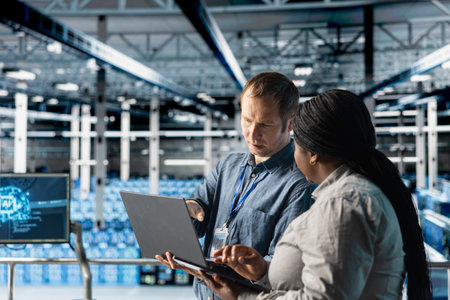 Teamworking engineers in data center deploying infrastructure for efficient AI data analysis....