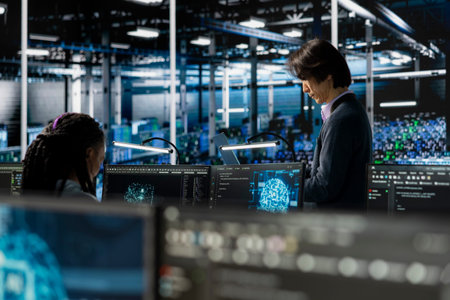 Engineers using devices in data center to install upgraded server racks systems helped by machine...