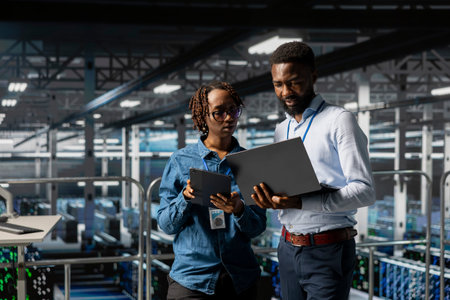 Black software developers on industrial platform analyzing server rigs algorithms in data center,...