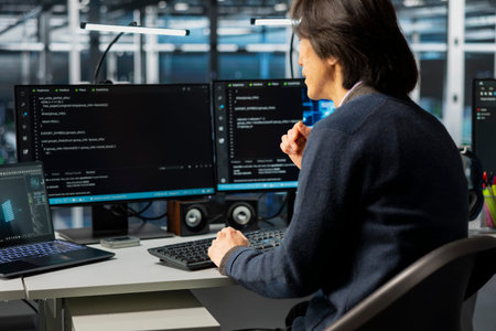 IT expert using PC in server hub with equipment supporting AI scientific simulations. Computer...