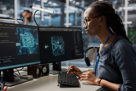 Data center developer using artificial intelligence machine learning tech. African american woman in...