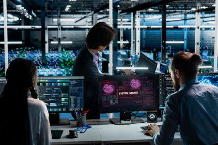 Data center colleagues upgrading security systems using machine learning to stop breaches. Team of...