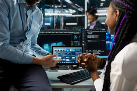 Close up of programmers coding on tablet in data center, using machine learning tech. IT...