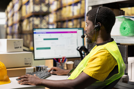 African american operator helping clients with delivery issues, answering call center help line in...