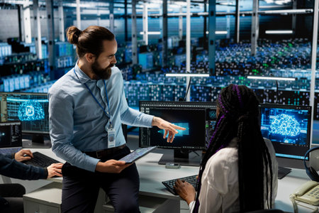 Manager supervising female engineer in data center coding with generative AI assistance. Supervisor...
