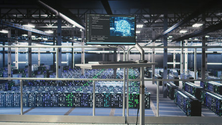 Industrial platform workstation in automated data center displaying machine learning code on...