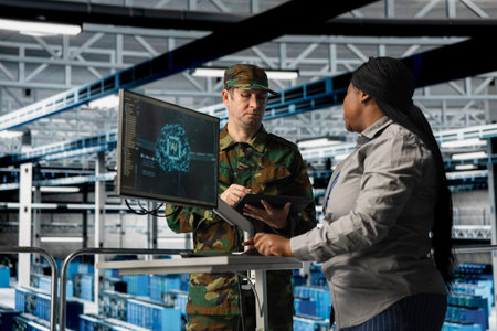 Military server room engineers operating neural network interface to enhance response time during...