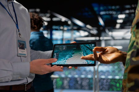 Military specialists team in data center monitoring warfare satellite imagery in server farm control...