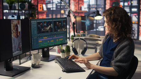 Female expert editor working in video production industry at agency office, doing color grading and...