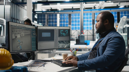 African american supervisor checking solar panel machinery and reviewing a checklist, playing a...