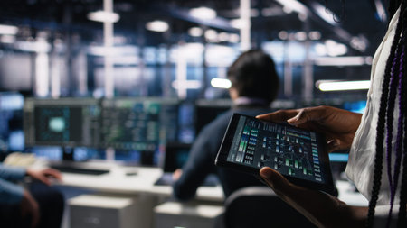 Close up of data center engineer using tablet to review code for automation scripts. Server farm...