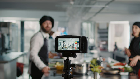 Camera filming people cooking professional menu dish in kitchen, recording online vlog for...