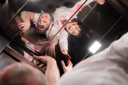 Actors playing sinister zombie monsters in horror movie scene, seeing reflection in elevator mirror....