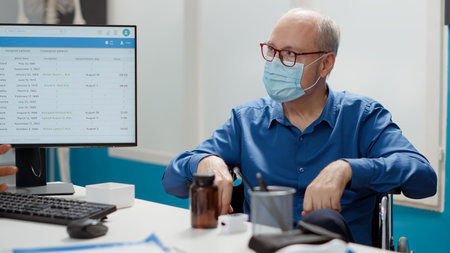 Elderly patient with face mask in wheelchair attending checkup visit with specialist in medical...