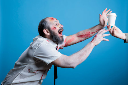 Mindless brain eating zombie trying to get cup of coffee on blue background. Dangerous apocalypse...