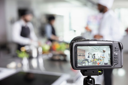 Culinary professionals recording a cooking school tutorial on camera, demonstrating food prep and...