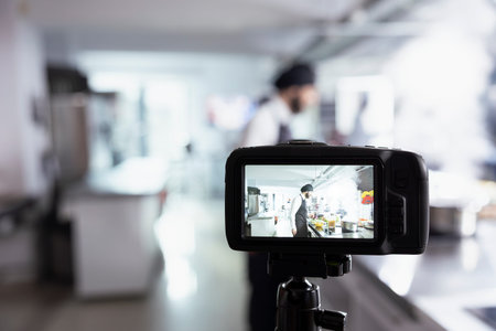 Professional chef mentors his audience through a video on the tripod camera, explaining preparation...
