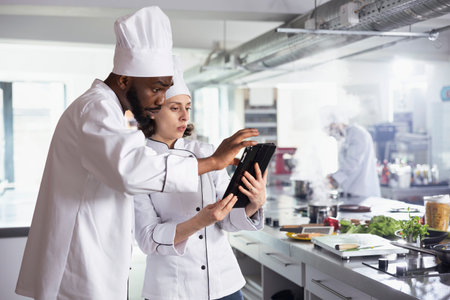 Team of diverse chefs researching recipes for new gourmet meals on a tablet, preparing dishes with...