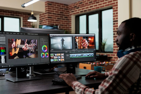 African american creative digital video editor sitting at desk while improving recorded footage...