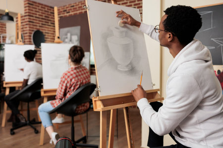 African American guy sitting at easel learning drawing techniques, sketching vase on canvas while...