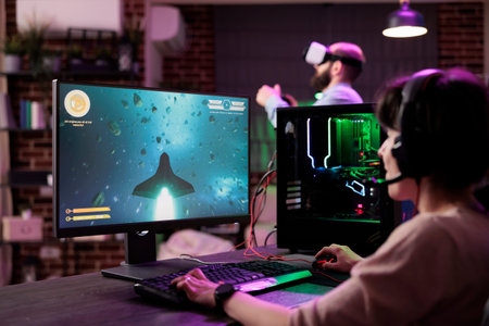 Professional gamer engaging in online competitive multiplayer championship using cutting edge...