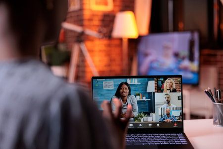 Businesspeople having conversation on online business meeting, telecommunications and remote...