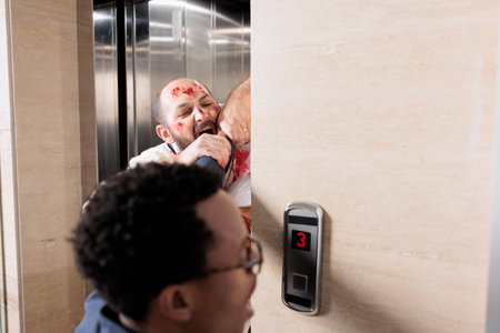 Man getting hand bit by evil dangerous zombie in elevator trying to infect him. Sinister walking...