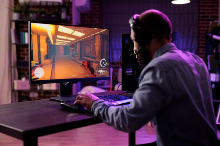 Experienced gamer competing in intense online multiplayer videogame, broadcasting esports tourney...