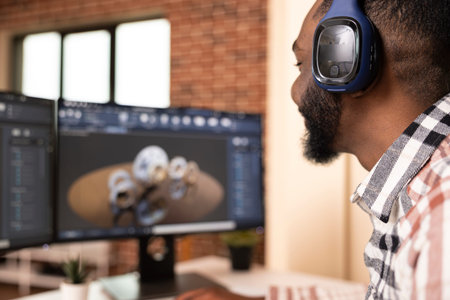 Close up of focused male engineer listening to music and designing 3D metal gear with CAD software....