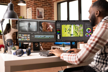 Black male vfx artist works remotely at desk, mixing and adding visual effects to video clips....