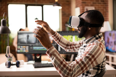 Creative individual with raised hands, using vr editing software to streamline and arrange footage....