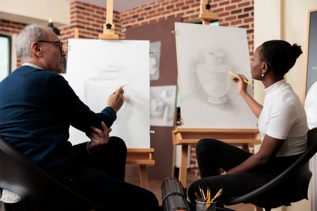 Diverse different aged people students talking during drawing class, senior man and young woman...