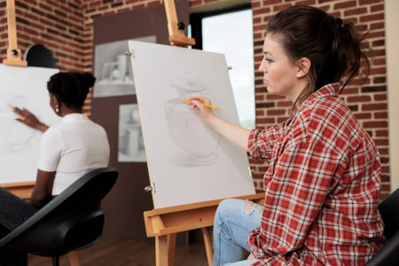 Young woman listening teacher during art workshop learning to draw at beginners group drawing class,...