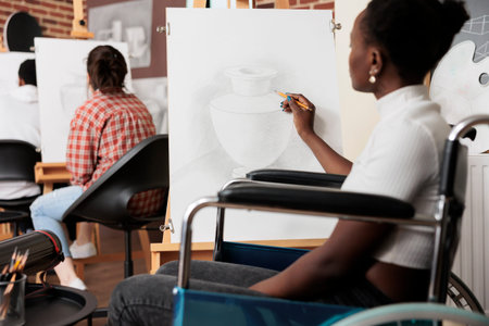 Young black woman with physical disability visiting group drawing workshop, creative therapy for...