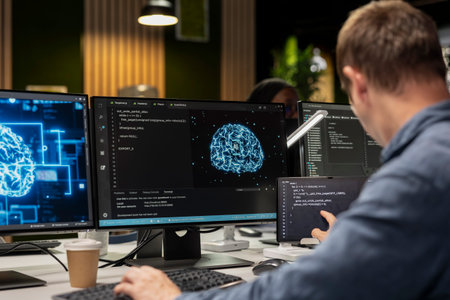 Technician using computer in tech startup office to develop applications using AI automation. IT...