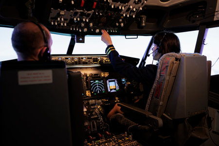 Female pilot assisting captain to takeoff and fly airplane, using buttons on dashboard command in...
