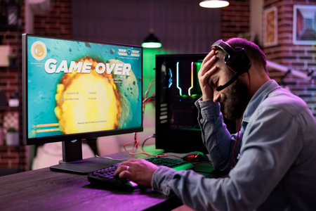 Gamer feeling depressed after losing online multiplayer action videogame match, being outsmarted by...