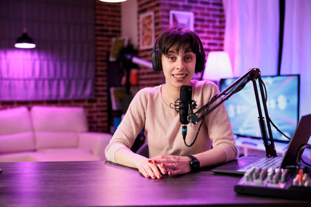Portrait of cheerful social media influencer filming live show from her home studio, talking to...