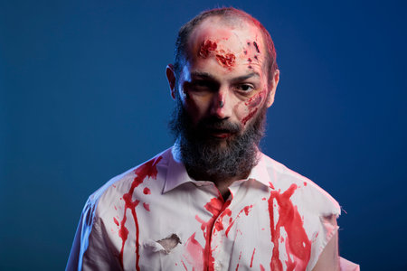 Portrait of scary halloween zombie with blood and wounds looking at camera, posing with creepy...