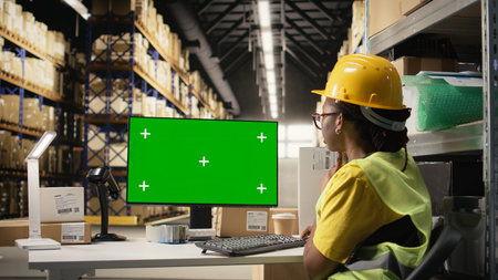 Woman in safety vest checking barcodes labels next to green screen on computer, working on...