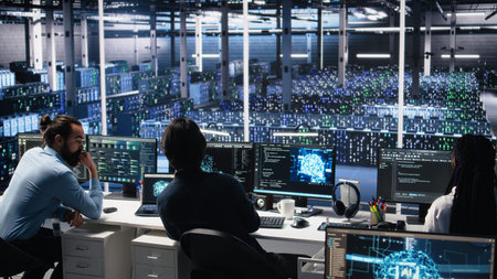 Server room system administrators using AI to review infrastructure diagnostics. IT professionals in...