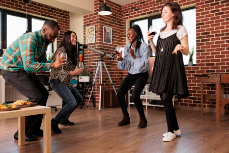 Multi diverse young adults friends, mates, partners having fun, laughing, smiling, guffawing,...