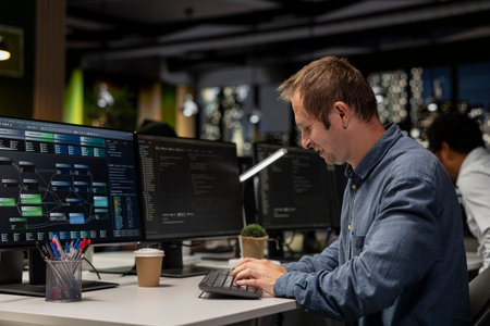 Happy engineer at office desk reviewing AI system metrics, monitoring performance dashboards....