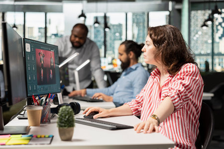Employee uses virtual assistant and chatbot AI to generate images and materials, editing photography...