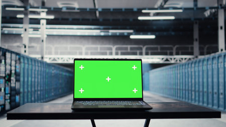 Close up of green screen laptop in data center used for inspecting equipment rigs, maintaining...