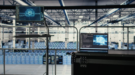 AI coding script running on laptop managing server farm mainframes powering networks. Artificial...