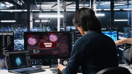 Data center team of engineers trying to fix critical error warning while using AI. Server farm...